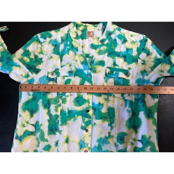 JM Collection 100% Linen Button Up Shirt Ruched Sleeve Colorful Floral Womens 12 - Picture 2 of 7